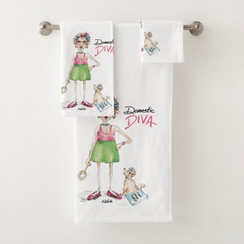 Domestic Diva must do chores in green and pink Bath Towel Set