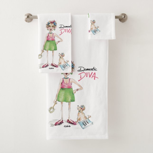 Domestic Diva must do chores, in green and pink? Bath Towel Set (Insitu)