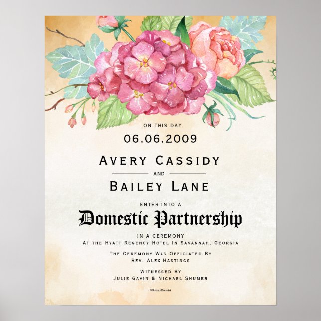 "Domestic Partnership" Floral Wedding Certificate Poster (Front)