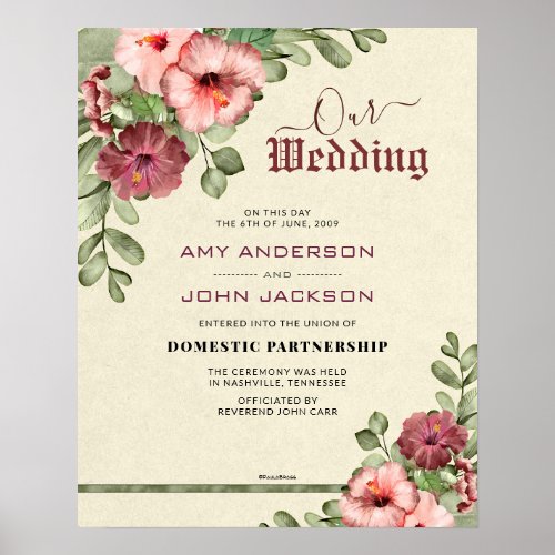 Domestic Partnership floral Wedding Certificate Poster