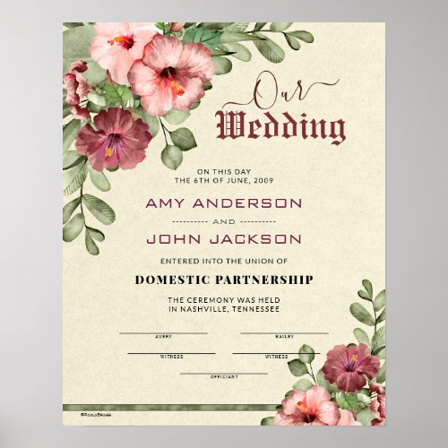 Domestic Partnership floral Wedding Certificate Poster