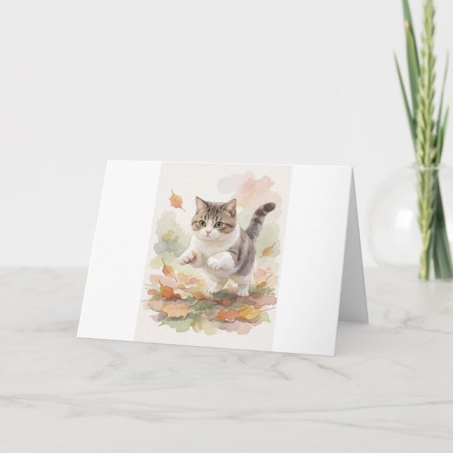 Domestic Shorthair Autumn Leaf Pounce Greeting Car Card