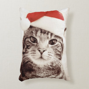 Domestic tabby cat wearing red Christmas hat Accent Pillow