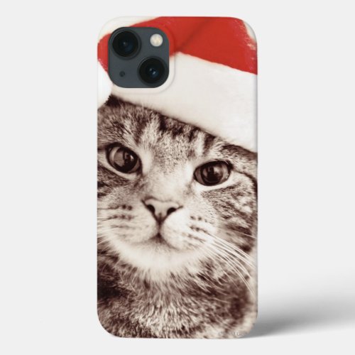 Domestic tabby cat wearing red Christmas hat iPhone 13 Case