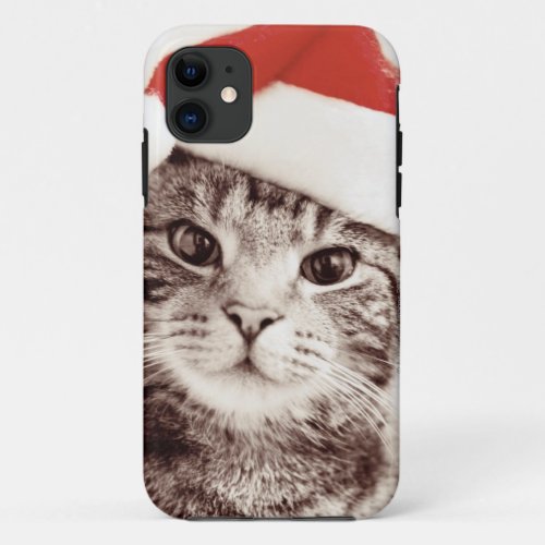 Domestic tabby cat wearing red Christmas hat iPhone 11 Case