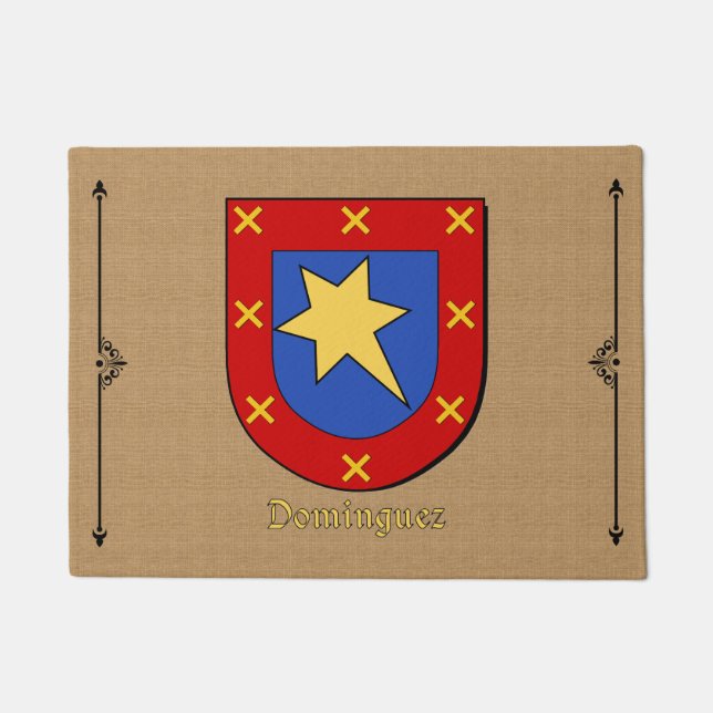 Dominguez Historical Shield on Burlap Pattern Doormat (Front)