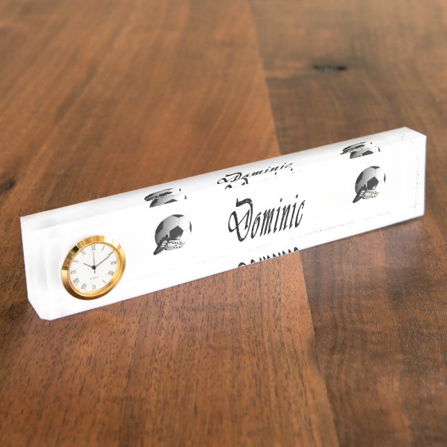 Dominic Name Logo With Soccerball And Shoes, Desk Name Plate (Side)