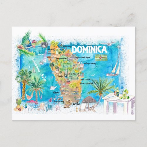 Dominica Antilles Illustrated Travel Map  Postcard