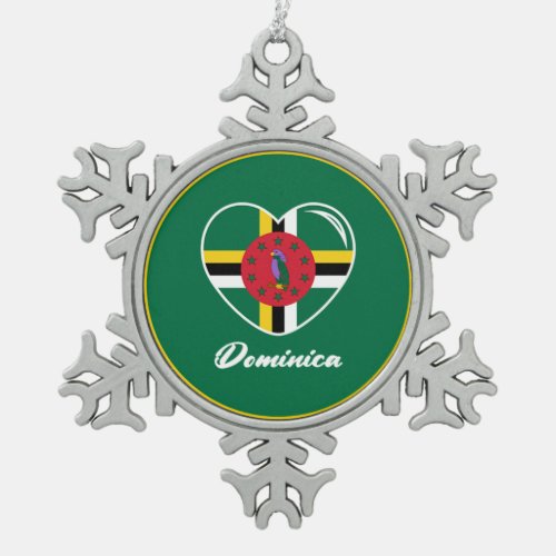 Dominica Flag Heart  Text Snowflake Pewter Christmas Ornament