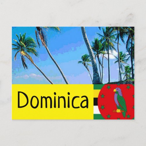 Dominica flag with tropical palm trees postcard