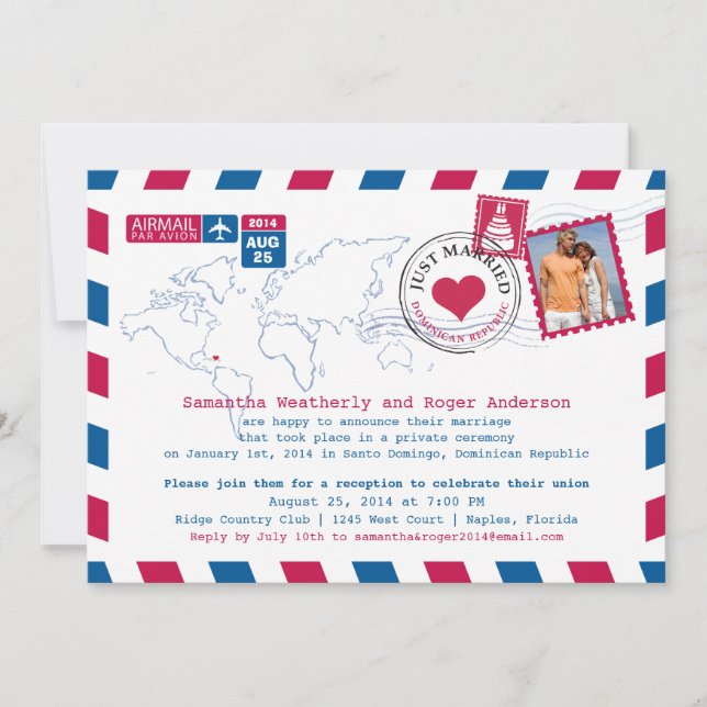 Dominican Republic Air Mail Post Wedding Reception Invitation (Front)