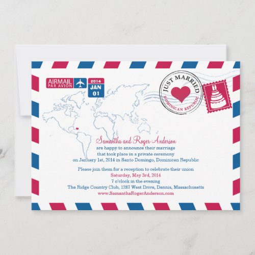Dominican Republic Air Mail Post Wedding Reception Personalized Invites