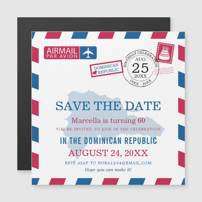 Dominican Republic Airmail Birthday Celebration Magnetic Invitation (Front/Back)