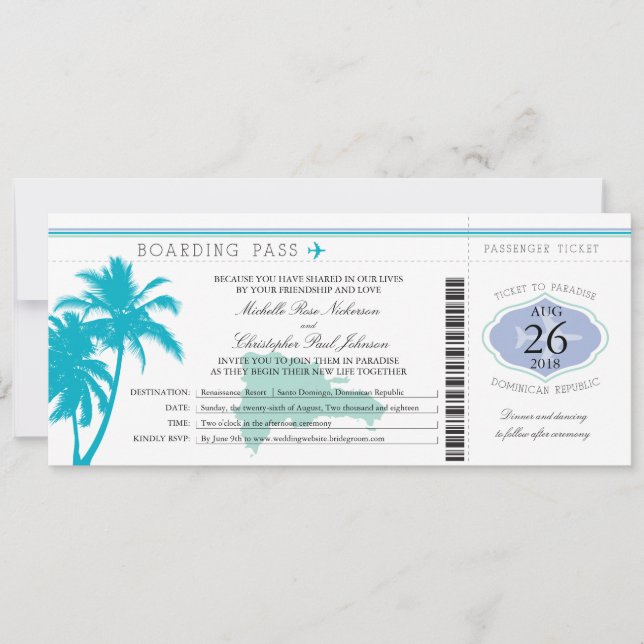 Dominican Republic Boarding Pass Palm Trees Invitation (Front)