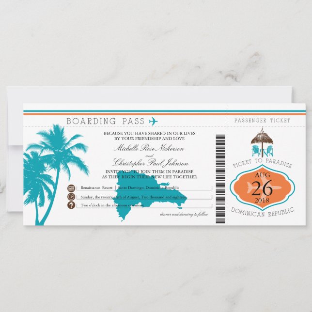 Dominican Republic Boarding Pass Palm Trees Invitation (Front)