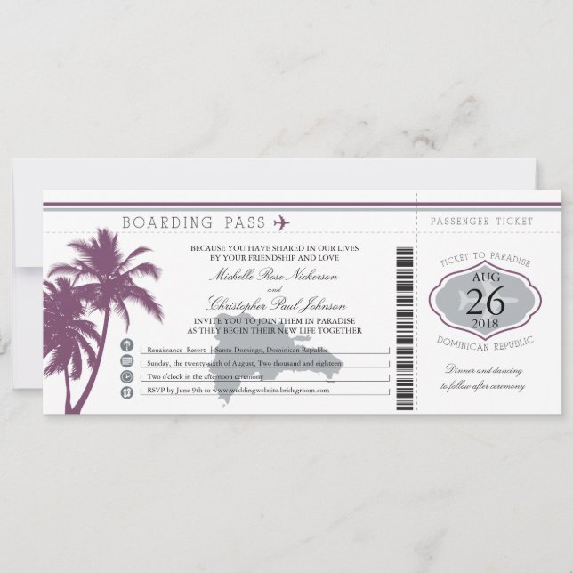 Dominican Republic Boarding Pass Palm Trees Invitation (Front)