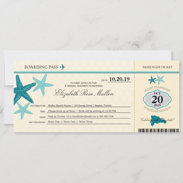 Dominican Republic Bridal Shower Boarding Pass Invitation (Front)