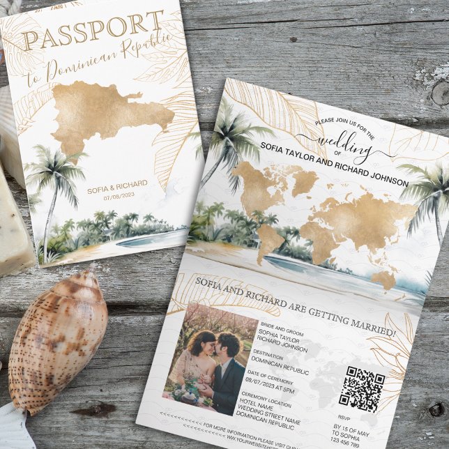 Dominican Republic Destination Wedding Passport QR Invitation (dominican republic golden map and watercolor palm trees and beach passport wedding invitation)