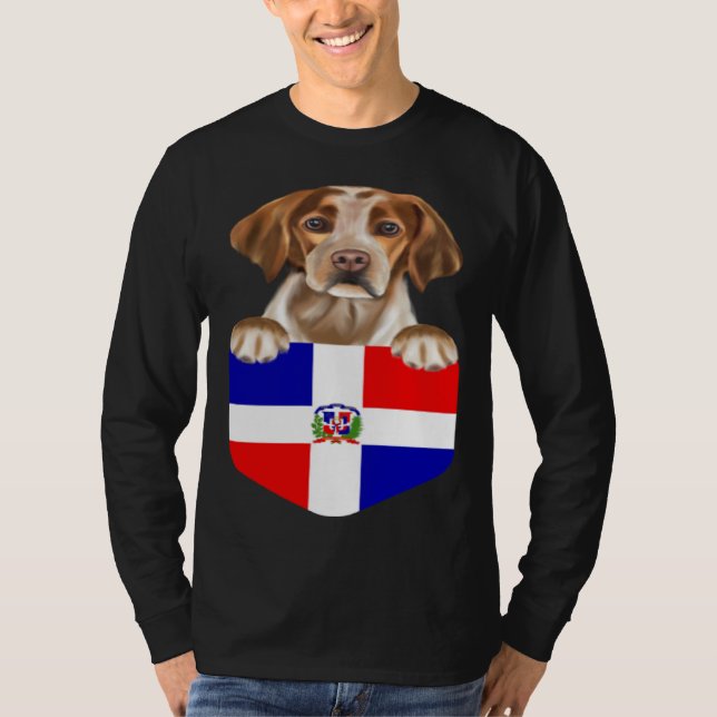 Dominican Republic Flag Brittany Dog In Pocket T-Shirt (Front)