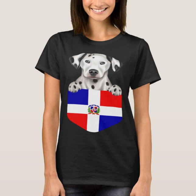 Dominican Republic Flag Dalmatian Dog In Pocket T-Shirt (Front)