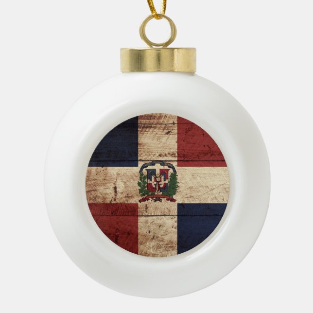 Dominican Republic Flag on Old Wood Grain Ceramic Ball Christmas Ornament (Front)