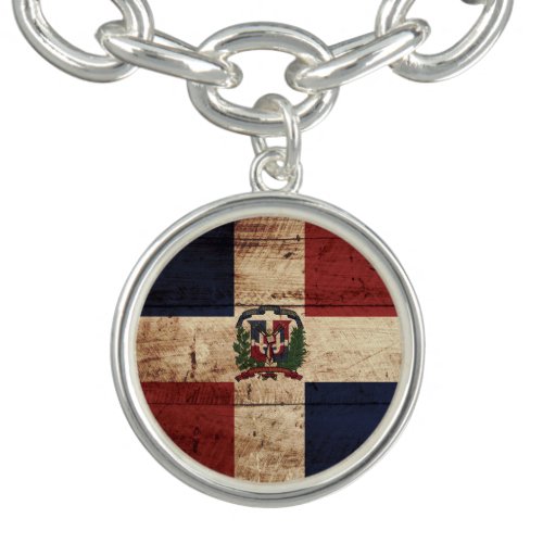 Dominican Republic Flag on Old Wood Grain Charm Bracelet