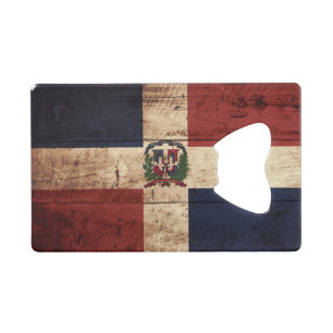 Dominican Republic Flag on Old Wood Grain Credit Card Bottle Opener