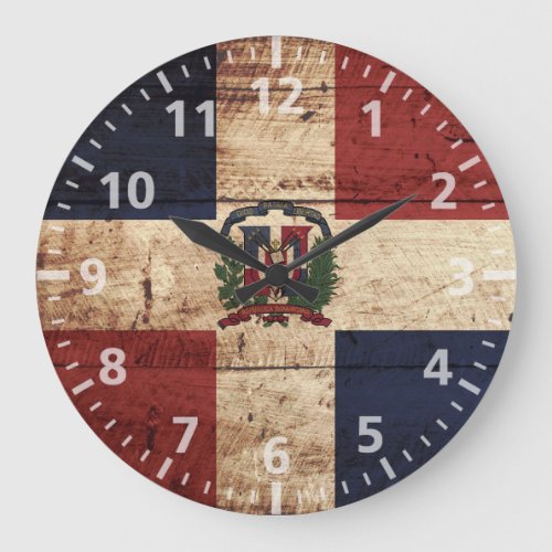 Dominican Republic Flag on Old Wood Grain Large Clock
