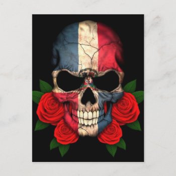 Dominican Republic Flag Skull With Red Roses Postcard by JeffBartels at Zazzle