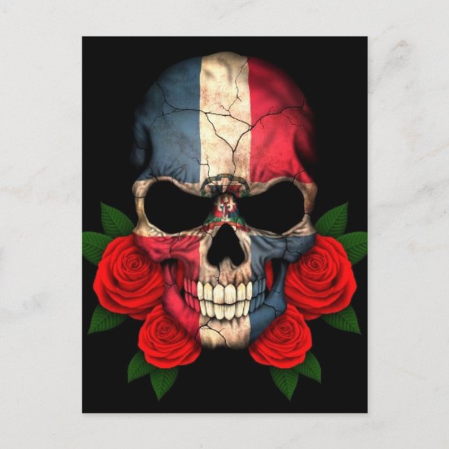 Dominican Republic Flag Skull with Red Roses Postcard (Front)