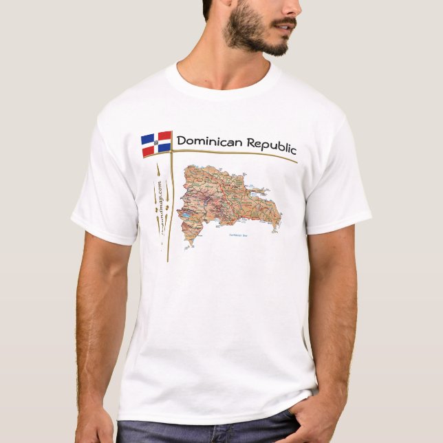Dominican Republic Map + Flag + Title T-Shirt (Front)