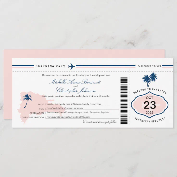 Dominican Republic Palm Tree Wedding Boarding Pass Invitation | Zazzle