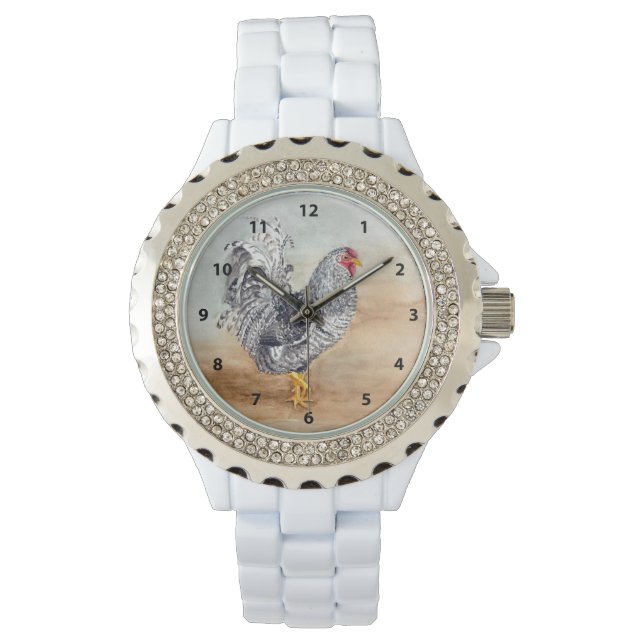 Dominique Chicken Rooster Watercolor Artwork Watch (Front)
