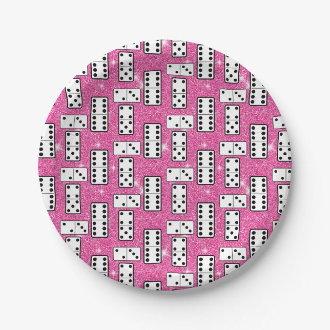 Domino Pieces Dominoes Board Game Pink Glitter Paper Plates (Front)