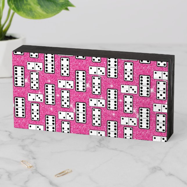 Domino Pieces Dominoes Board Game Pink Glitter Wooden Box Sign (In Situ Horizontal)