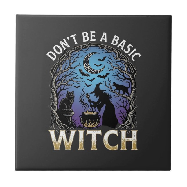 Don Be Basic Witch Halloween Cauldron Black Cats Ceramic Tile (Front)