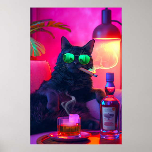 Don Gatto's Nightcap | Fancy Cat Drinking Whiskey Poster (Front)