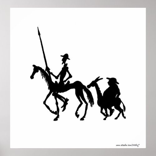 Don Quixote and Sancho Panza black and white art Poster