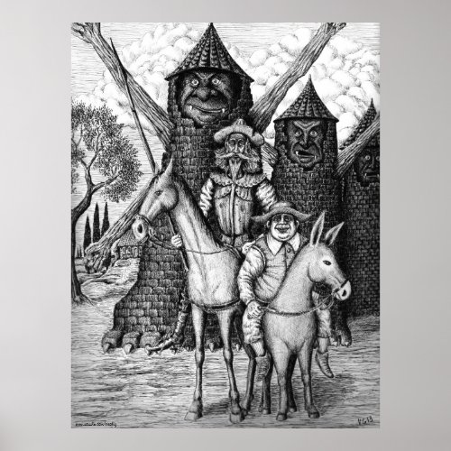 Don Quixote and Sancho Panza ink pen drawing Poster