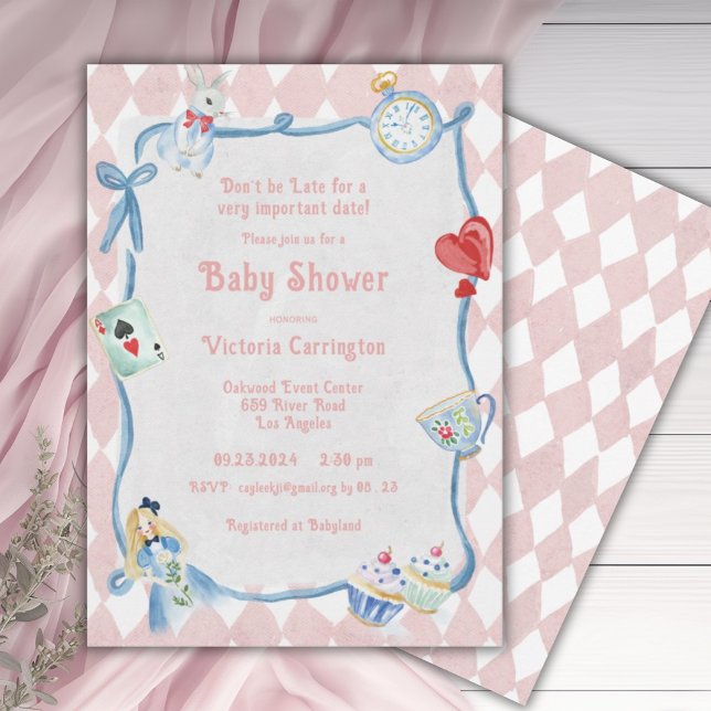 Don’t Be Late Alice in Wonderland Pink Baby Shower Invitation (Creator Uploaded)
