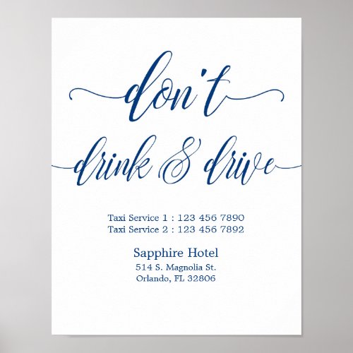 Dont Drink  Drive Wedding Sign in Navy Blue