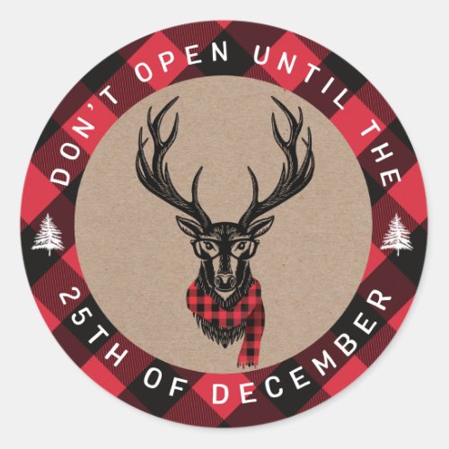 Dont Open Until Christmas Red Plaid Reindeer Classic Round Sticker
