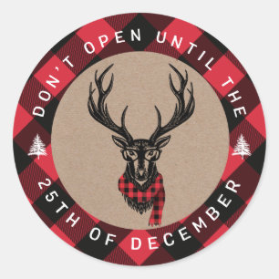 Don’t Open Until Christmas Red Plaid Reindeer Classic Round Sticker