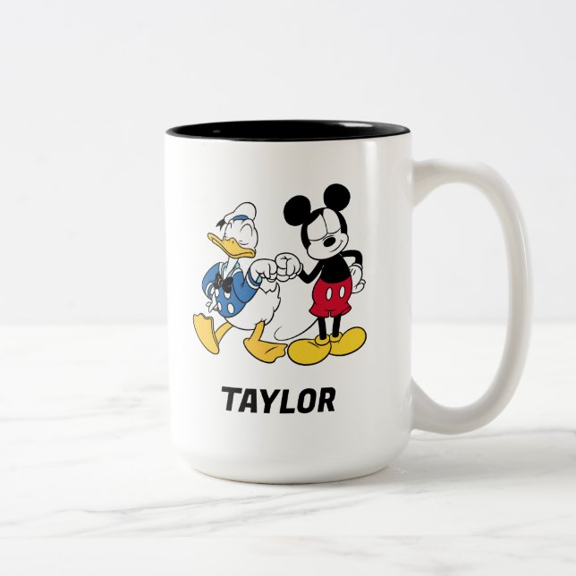 Donald Duck & Mickey Fist Bump | Add Your Name Two-Tone Coffee Mug (Right)