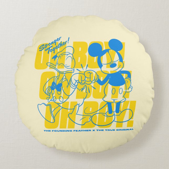 Donald Duck & Mickey Fist Bump Oh Boy! Round Pillow (Front)