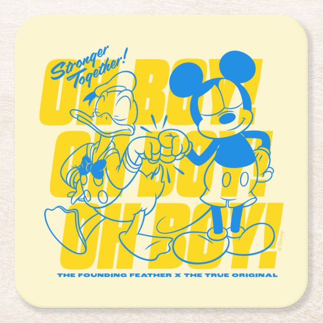 Donald Duck & Mickey Fist Bump Oh Boy! Square Paper Coaster (Front)