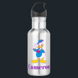 Donald Duck Peace Sign Stainless Steel Water Bottle<br><div class="desc">Brighten up your wardrobe with this electric and cheerful Donald Duck illustration! Featuring a classic full-body pose with a friendly peace sign, this design gets a stylish update with a vibrant, non-traditional color palette. The combination of bright cyan, magenta, and sunny yellow gives this artwork a fresh, "neon-pop" aesthetic that...</div>