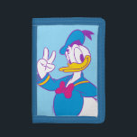 Donald Duck Peace Sign Trifold Wallet<br><div class="desc">Brighten up your wardrobe with this electric and cheerful Donald Duck illustration! Featuring a classic full-body pose with a friendly peace sign, this design gets a stylish update with a vibrant, non-traditional color palette. The combination of bright cyan, magenta, and sunny yellow gives this artwork a fresh, "neon-pop" aesthetic that...</div>
