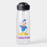 Donald Duck Peace Sign Water Bottle<br><div class="desc">Brighten up your wardrobe with this electric and cheerful Donald Duck illustration! Featuring a classic full-body pose with a friendly peace sign, this design gets a stylish update with a vibrant, non-traditional color palette. The combination of bright cyan, magenta, and sunny yellow gives this artwork a fresh, "neon-pop" aesthetic that...</div>