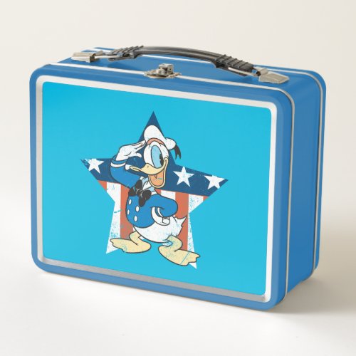 Donald Duck | Salute with Patriotic Star Metal Lunch Box - Donald Duck | Check out this classic Donald Duck pose as he stands to salute with a star shaped US flag in the background.